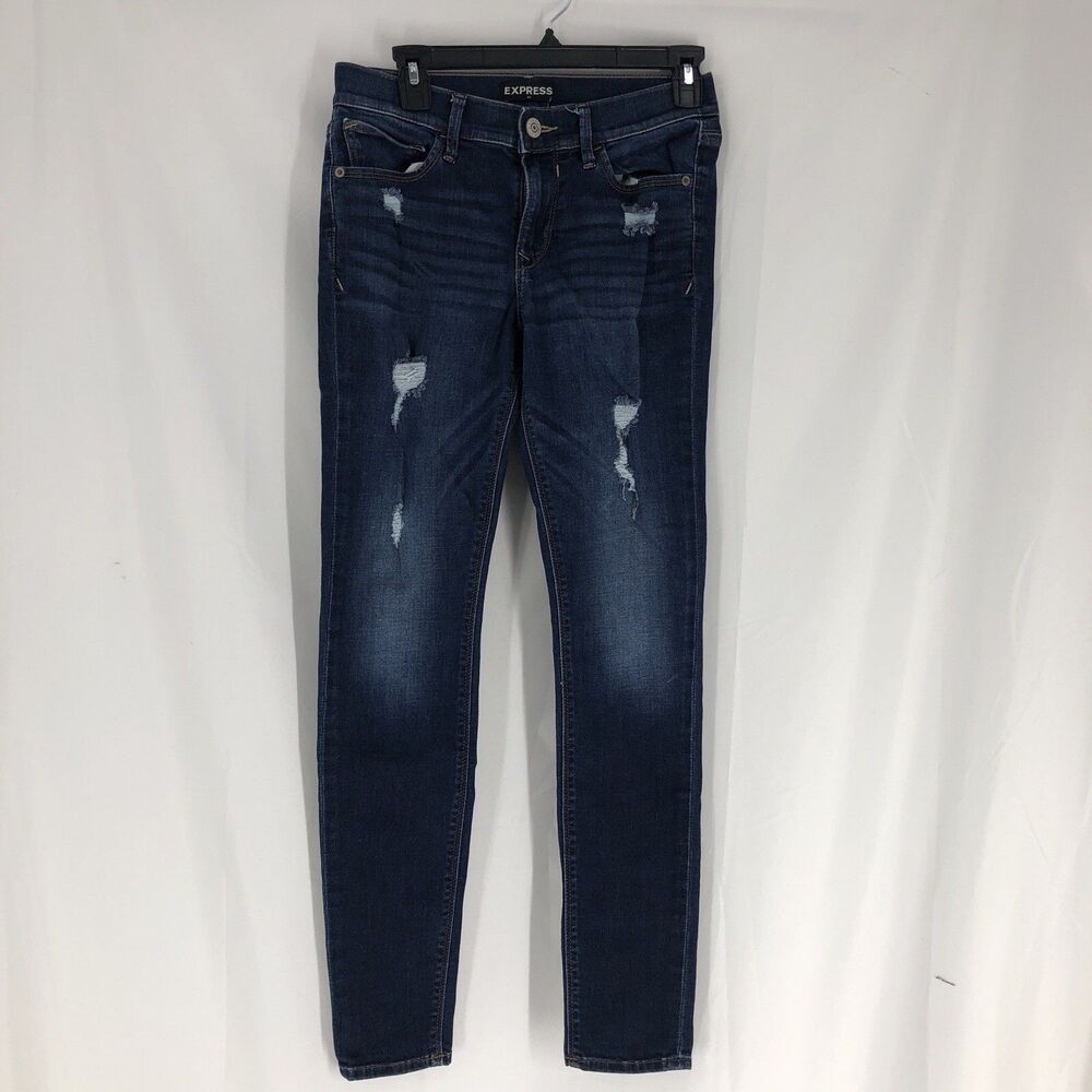 Express Women's Mid Rise Skinny Jegging Jeans Blue Dark Wash Denim Distressed 4